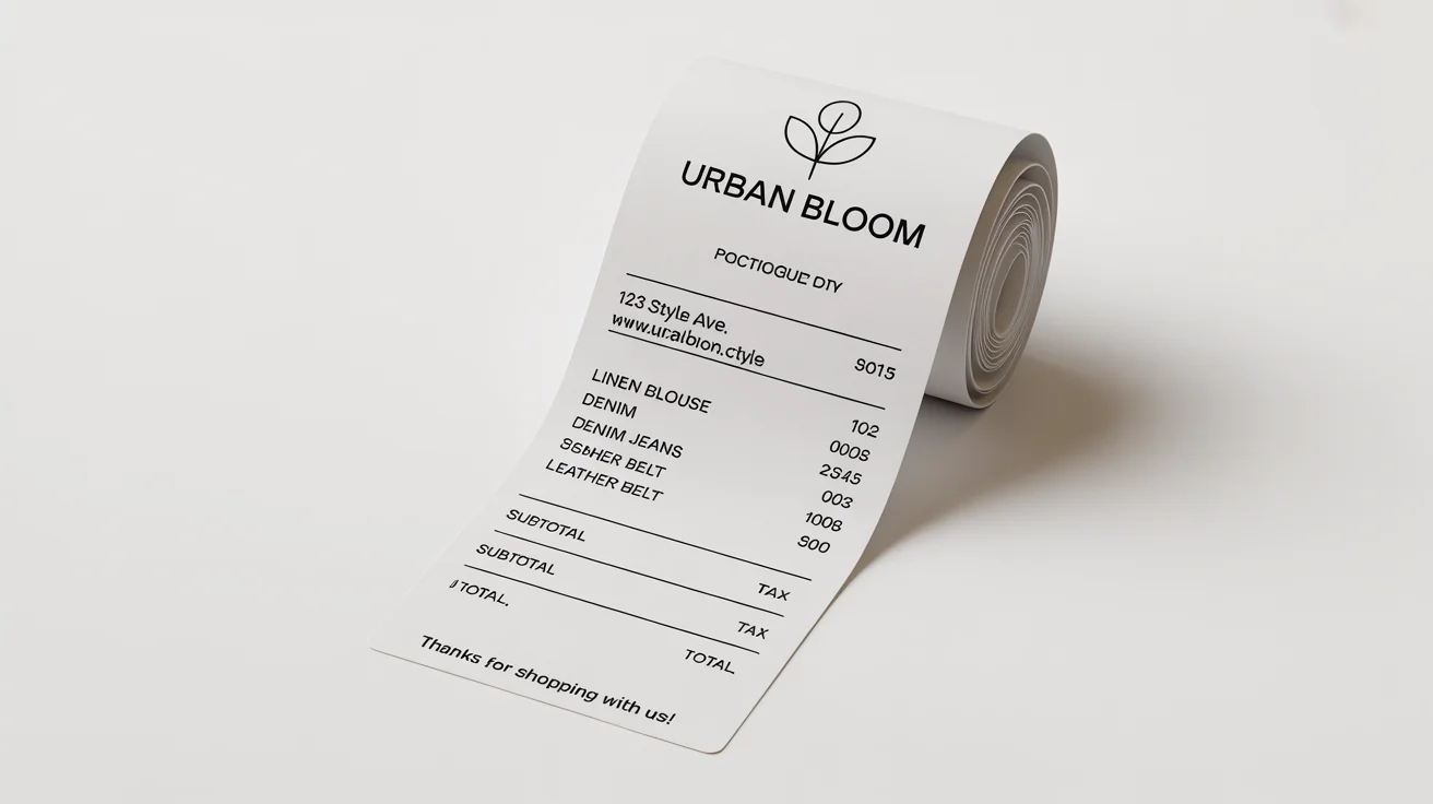 A mockup of a clean and modern POS receipt design for a fictional boutique named 'Urban Bloom', shown against a plain white background.