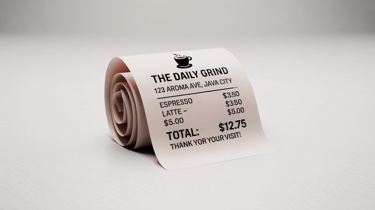 A professionally designed, modern POS receipt for a fictional coffee shop called 'The Daily Grind', shown slightly curled on a clean white background.