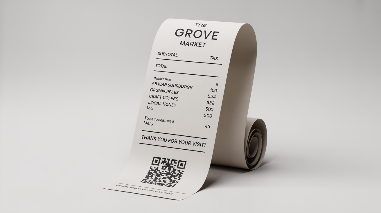 A modern and cleanly designed point-of-sale receipt for a fictional store called 'The Grove Market', displayed on a plain white background to highlight its professional layout.