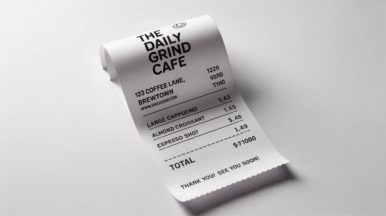A modern, custom-designed POS receipt for 'The Daily Grind Cafe' laid out on a white background, showcasing a clean and organized design.