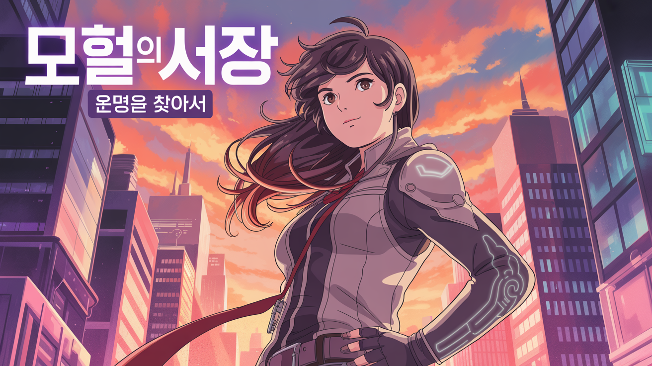 A professionally designed manhwa cover in a 16:9 aspect ratio. A young female protagonist with long hair stands in the foreground against a sunset cityscape. The Korean title '모험의 시작' (The Beginning of Adventure) is at the top, and the tagline '운명을 찾아서' (In Search of Destiny) is at the bottom.