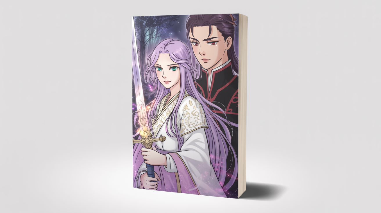 A manhwa book cover mockup for a fantasy romance titled 'Whispers of the Celestial Sword,' featuring a lavender-haired heroine with a sword and a dark-haired male lead, set against a clean white background.