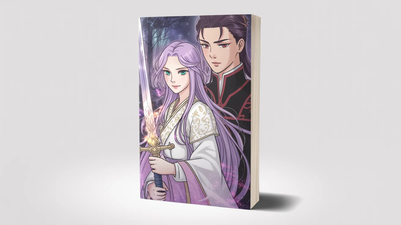 A manhwa book cover mockup for a fantasy romance titled 'Whispers of the Celestial Sword,' featuring a lavender-haired heroine with a sword and a dark-haired male lead, set against a clean white background.