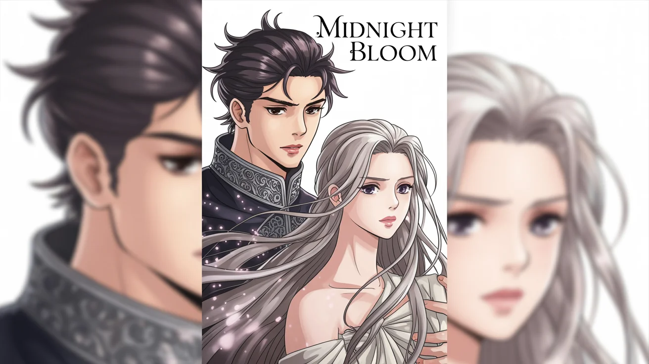 A fantasy romance manhwa cover mockup titled 'Midnight Bloom,' featuring a handsome man in a dark uniform and a beautiful woman with silver hair in an elegant gown, set against a plain white background.