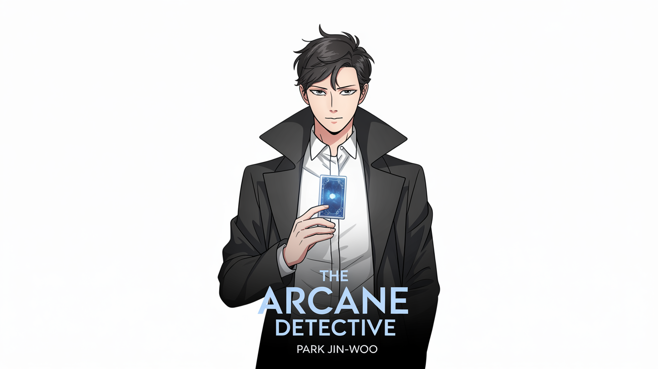 Manhwa cover art for 'The Arcane Detective', featuring a handsome man in a black coat holding a glowing blue card against a white background.