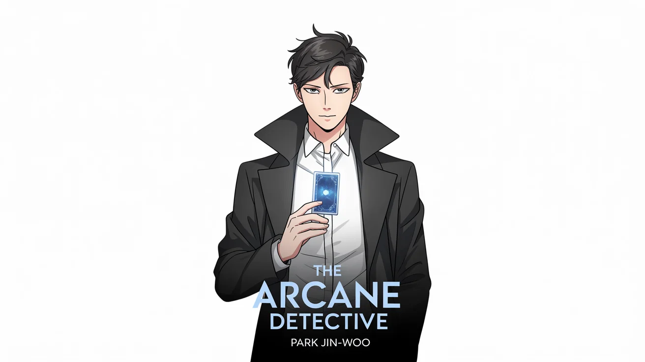 Manhwa cover art for 'The Arcane Detective', featuring a handsome man in a black coat holding a glowing blue card against a white background.