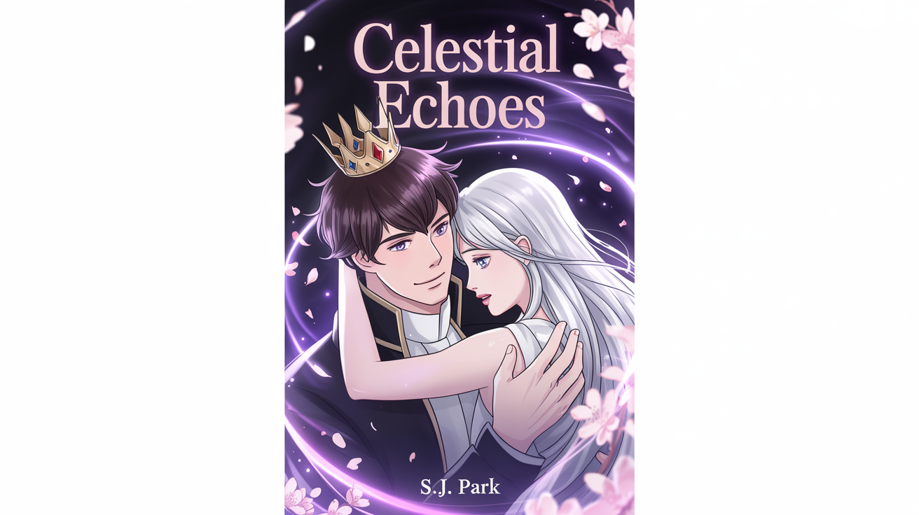 A manhwa cover art mockup for a fantasy romance titled 'Celestial Echoes', showing a handsome prince embracing a beautiful maiden against a magical background. Presented on a white background.