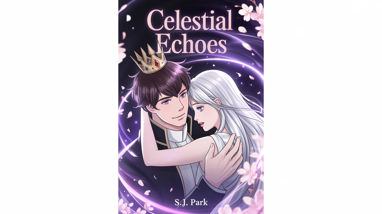 A manhwa cover art mockup for a fantasy romance titled 'Celestial Echoes', showing a handsome prince embracing a beautiful maiden against a magical background. Presented on a white background.