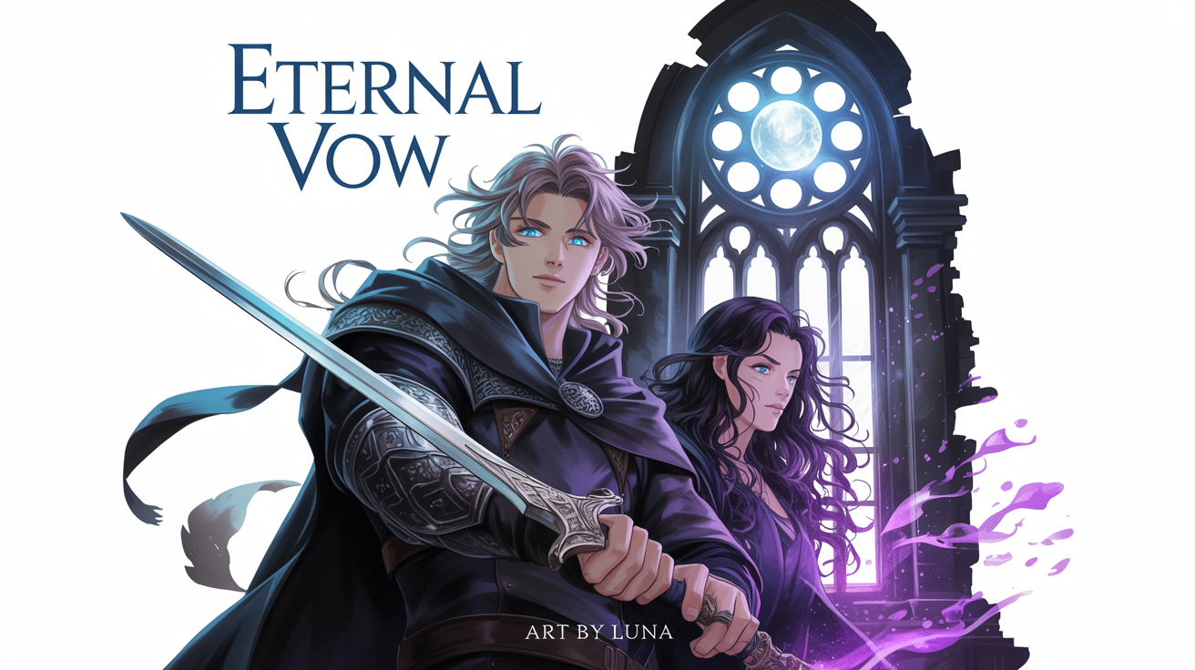 A mockup of a fantasy manhwa cover titled 'ETERNAL VOW,' featuring a silver-haired knight with a glowing sword and a black-haired sorceress casting a spell, set against a shattered stained-glass window on a white background.