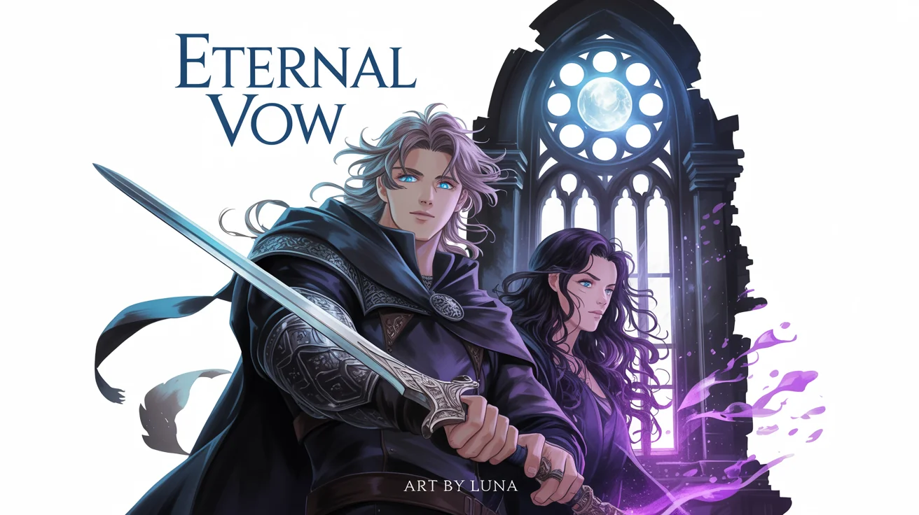 A mockup of a fantasy manhwa cover titled 'ETERNAL VOW,' featuring a silver-haired knight with a glowing sword and a black-haired sorceress casting a spell, set against a shattered stained-glass window on a white background.