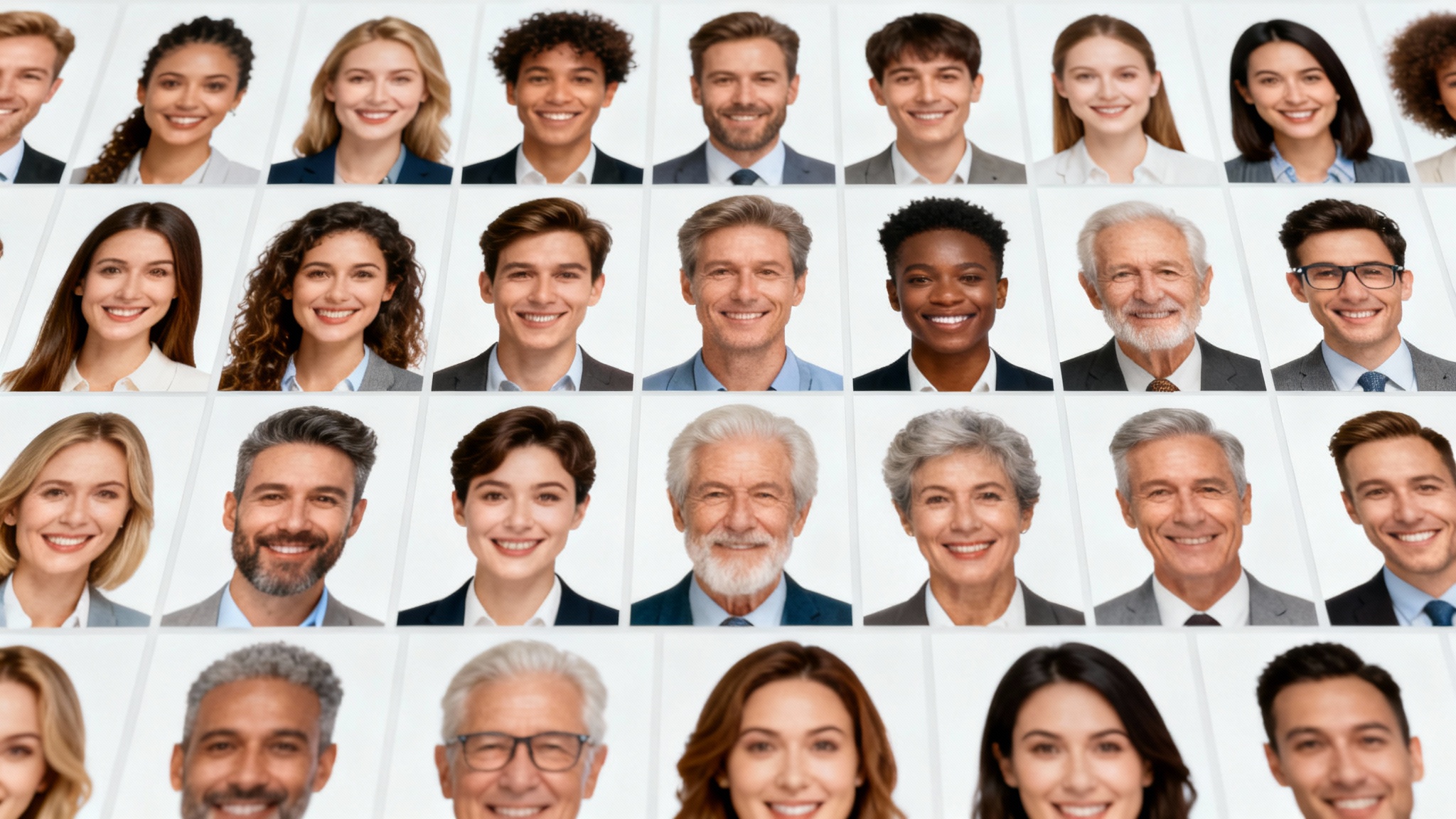 A collage of several official passport photos showing diverse people, all with their backgrounds edited to a clean, uniform white.