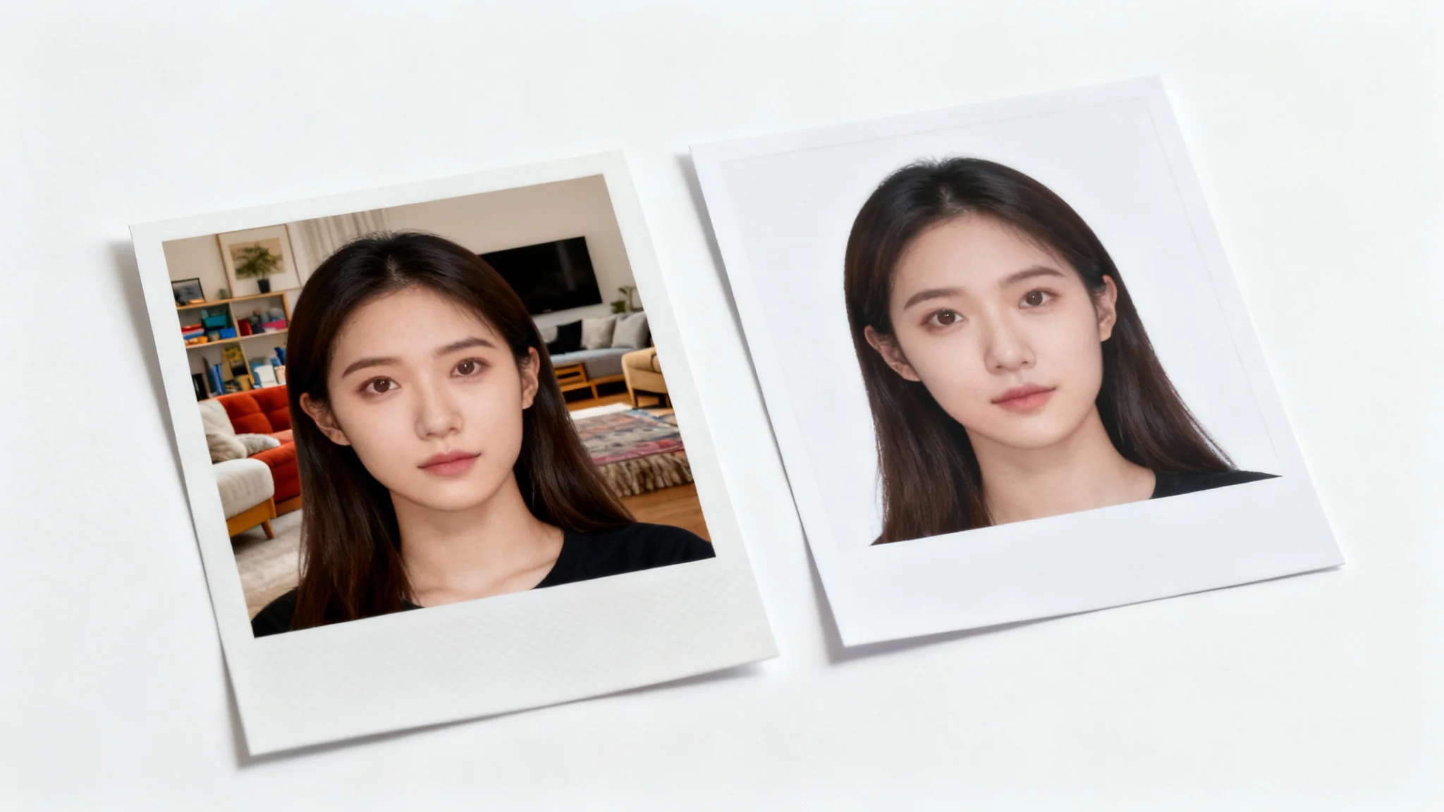 A before-and-after comparison of a passport photo. The 'before' photo shows a woman against a busy background, while the 'after' photo shows the same woman against a compliant, plain white background, demonstrating a background change service.