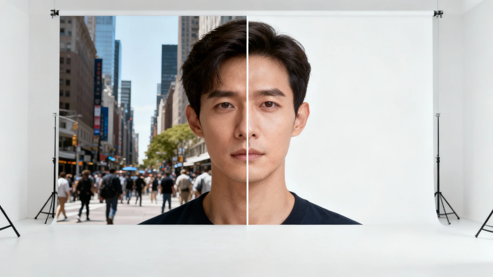 A before-and-after image demonstrating a passport photo background change. The left half shows a person's headshot with a city background, and the right half shows the same headshot with a plain white background.