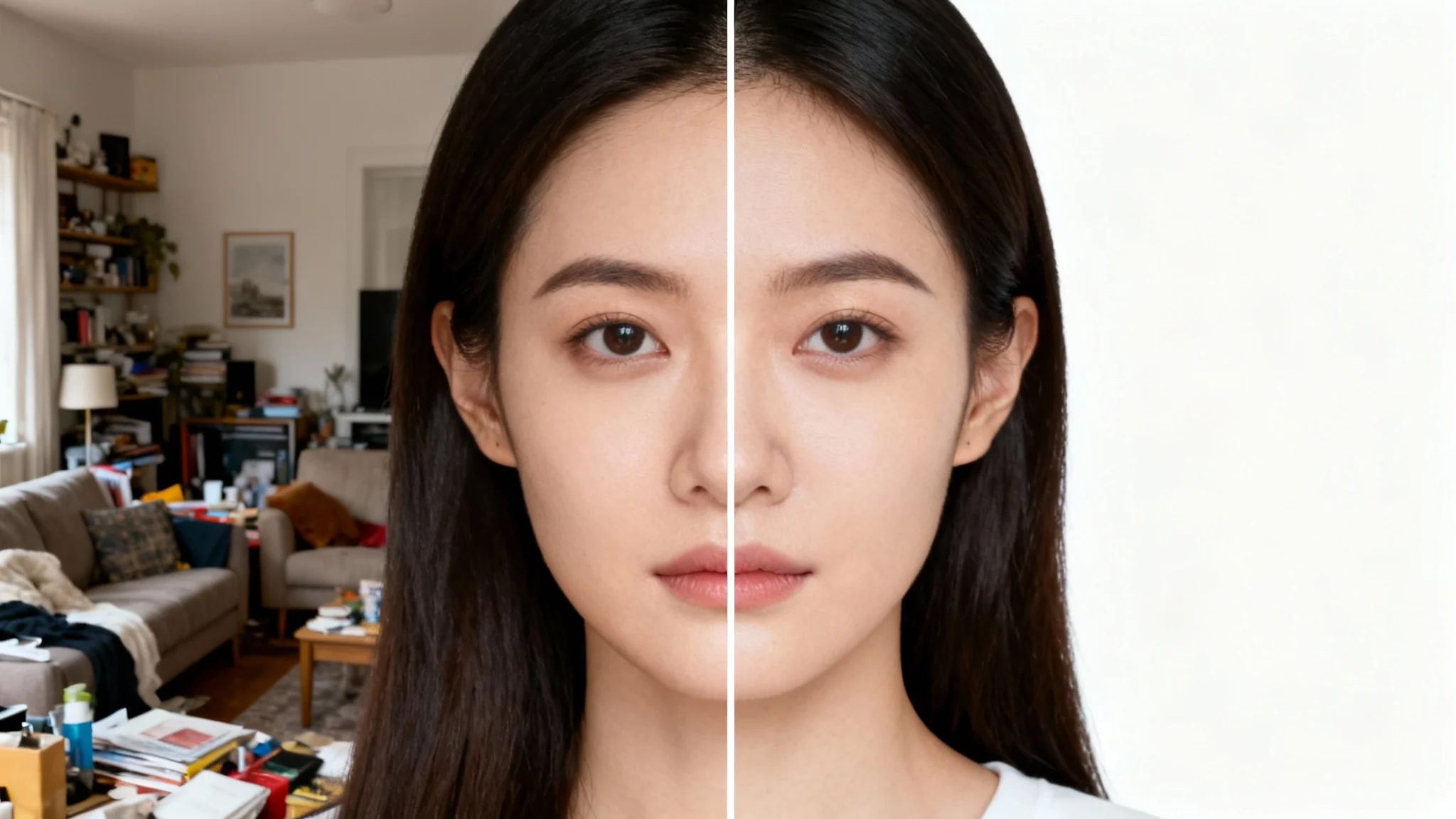 A before-and-after image showing a woman's passport photo. The 'before' side has a cluttered background, and the 'after' side has a clean, solid white background, demonstrating a background change service.