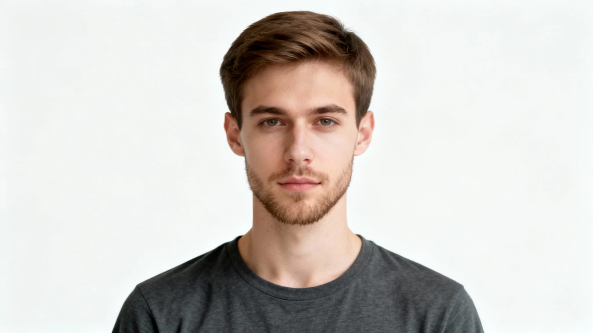A professional passport photo mockup of a man with short brown hair and a light beard, with a neutral expression, against a compliant off-white background. The image is set against a clean white backdrop.