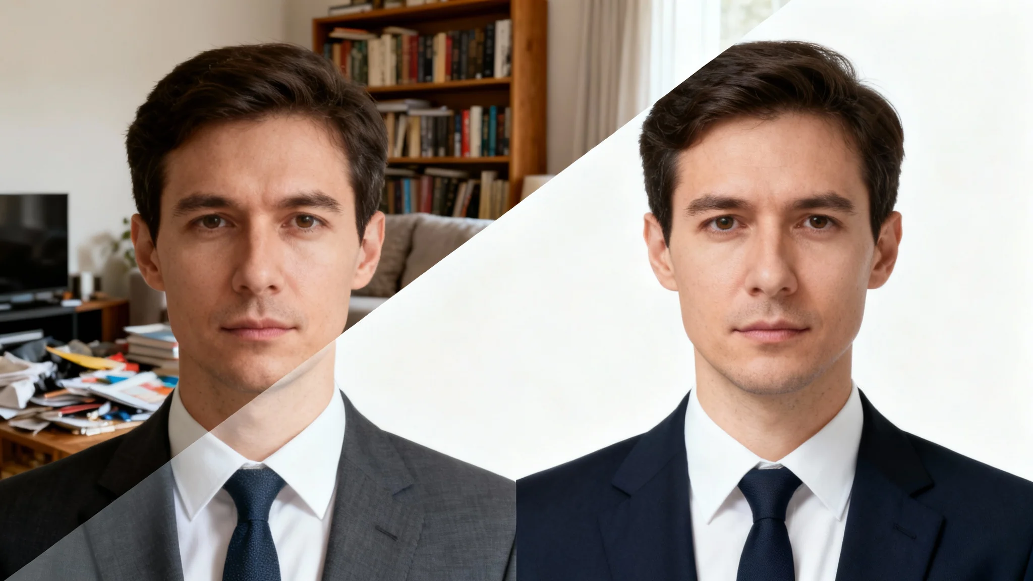 A before-and-after comparison of a passport photo. One side shows a person with a distracting, cluttered background, while the other side shows the same person with a compliant, solid white background.