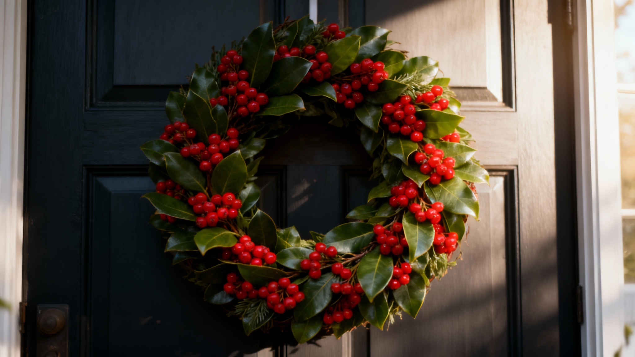 A close-up photograph of a vibrant red berry wreath hanging elegantly on a dark wooden door.