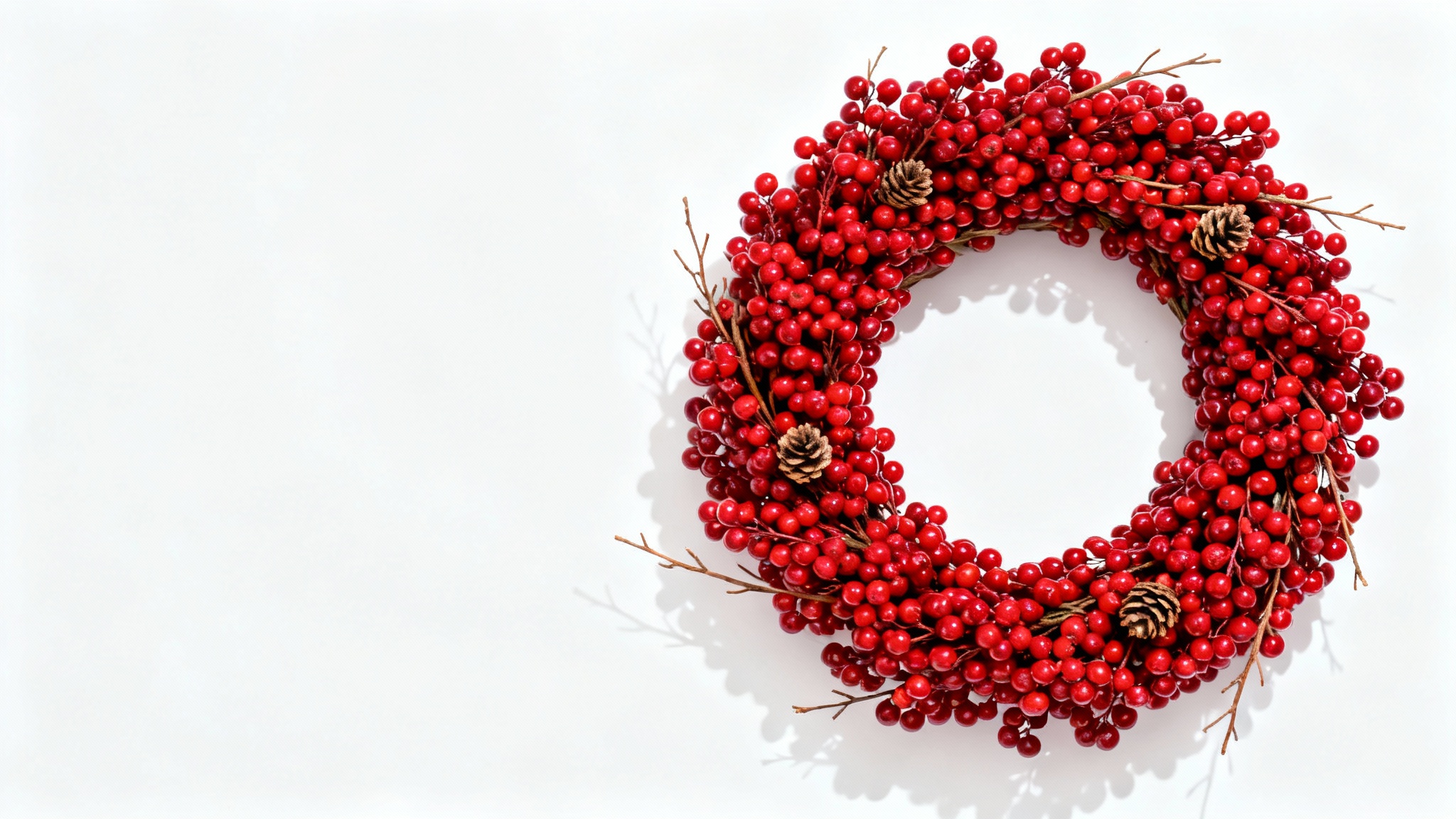 A festive and elegant red berry wreath with small pinecones, presented against a clean white background in a product-style photograph.