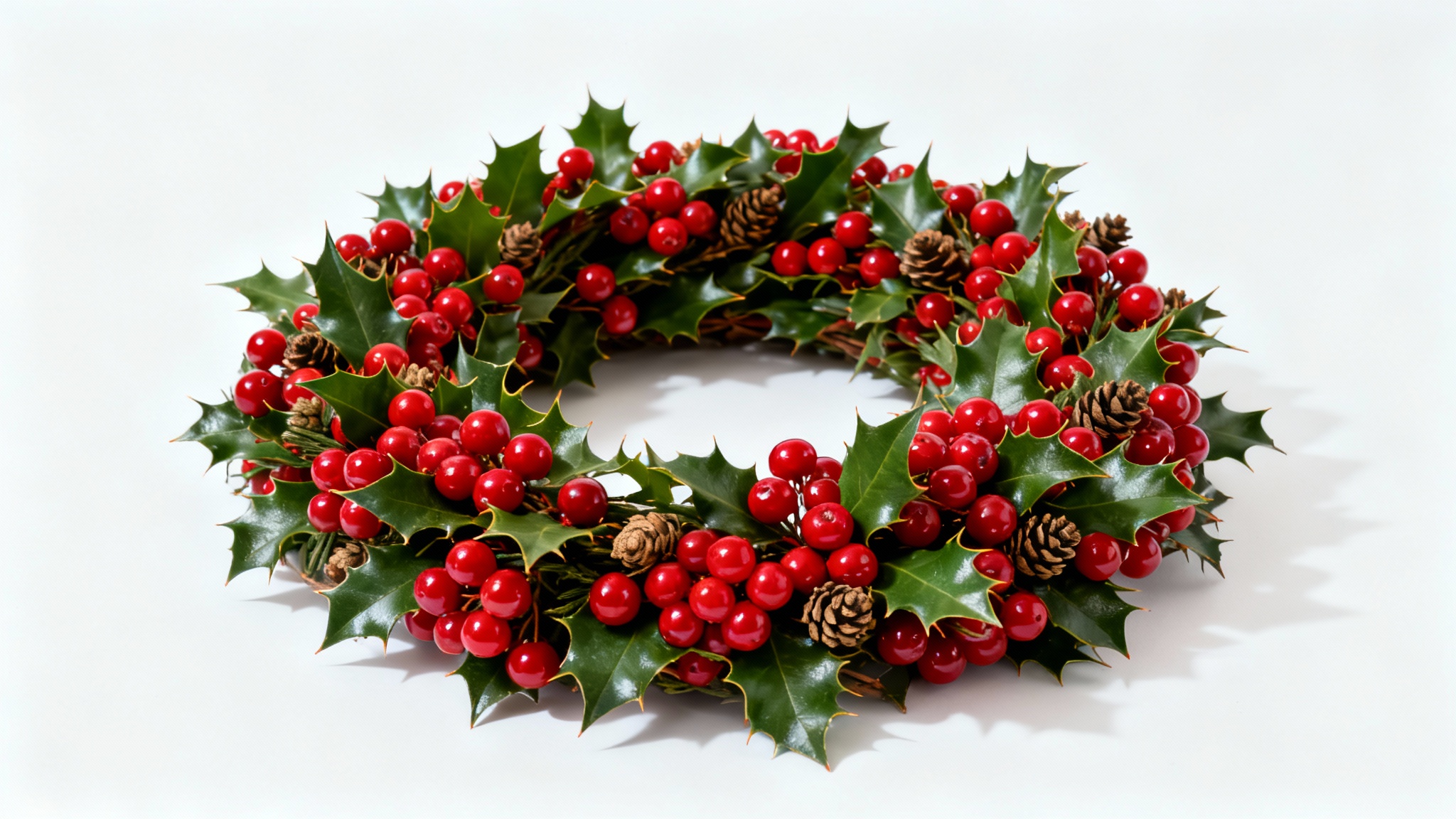 A vibrant red berry wreath with subtle green holly leaves and small pinecones, shown against a clean white background in a studio product shot.