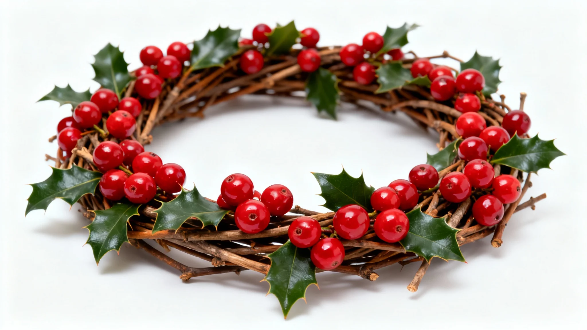 A photorealistic mockup of a festive red berry wreath, featuring vibrant red berries and green leaves on a twig base, shot against a plain white background.