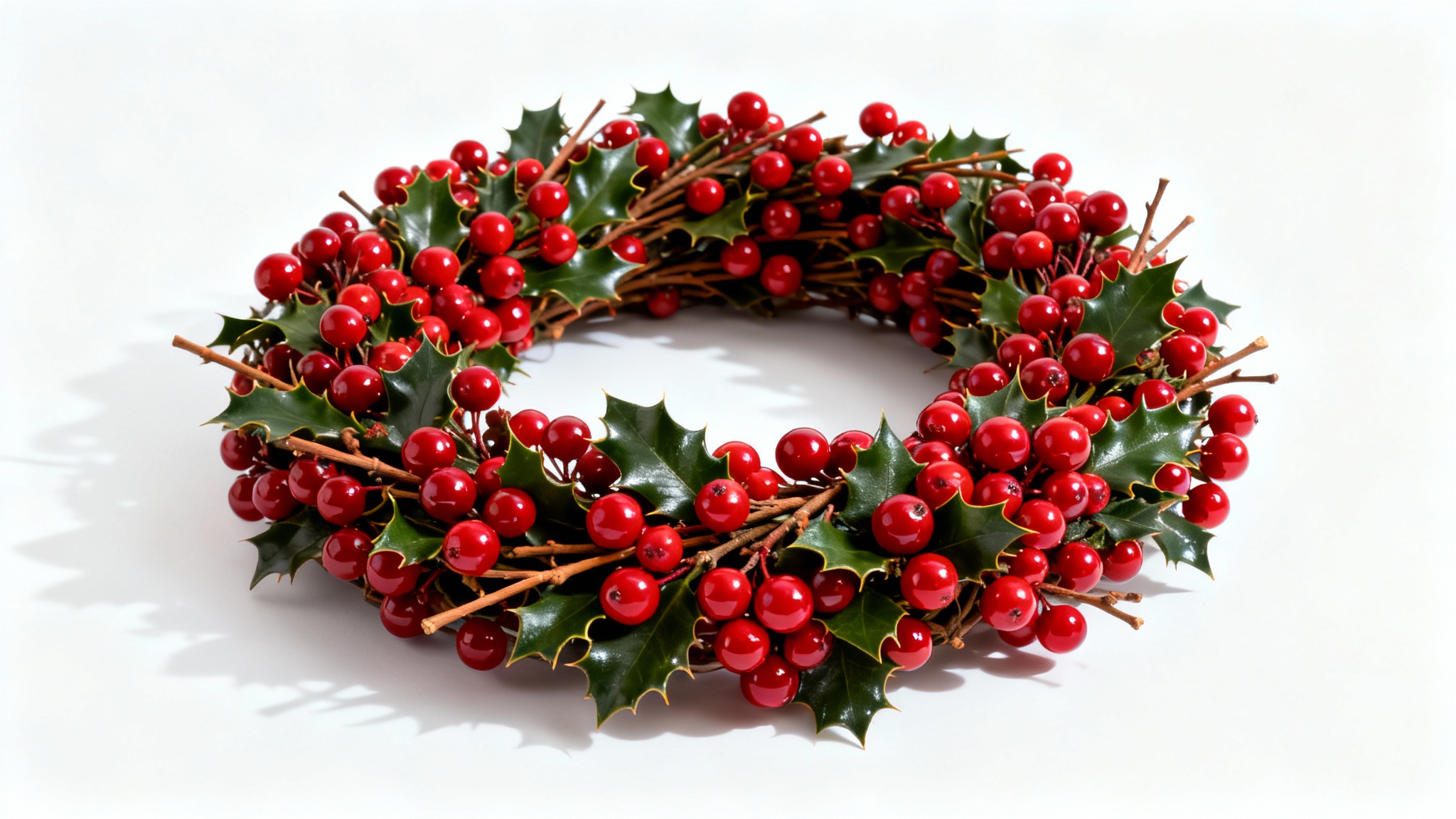A close-up, high-quality image of a festive red berry wreath with glossy berries and subtle green leaves, isolated on a plain white background.
