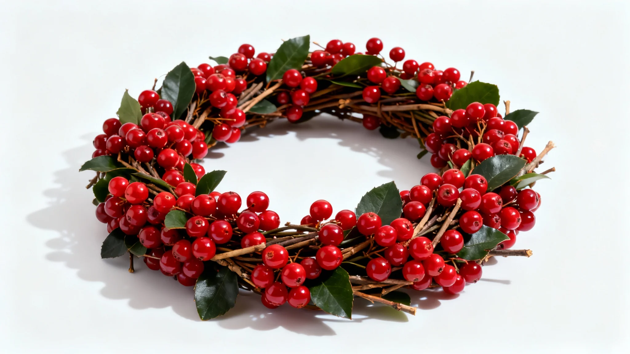 A beautiful, full wreath made of vibrant red berries and a few green leaves, shot in a professional product style against a stark white background.