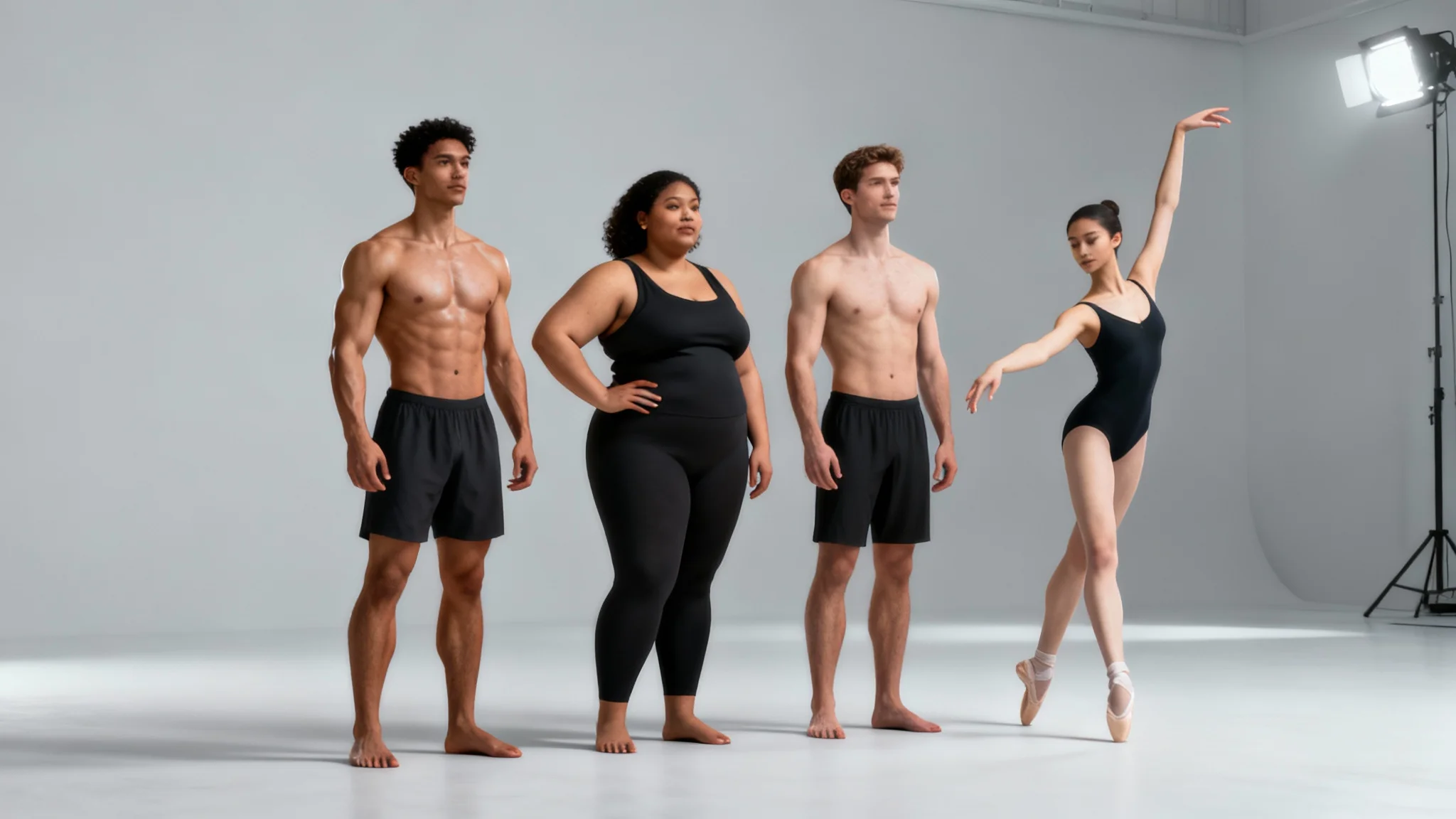 A lineup of four diverse, photorealistic human bodies generated by an AI tool, showcasing different genders, ethnicities, and body types against a clean studio background.