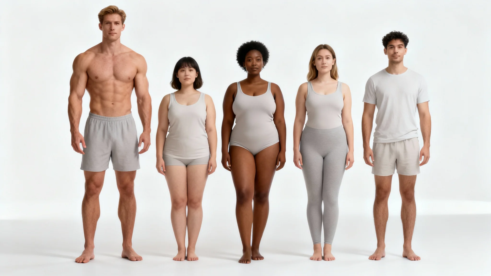 A lineup of five diverse, realistic human figures of different genders, ethnicities, and body types standing against a clean white background.