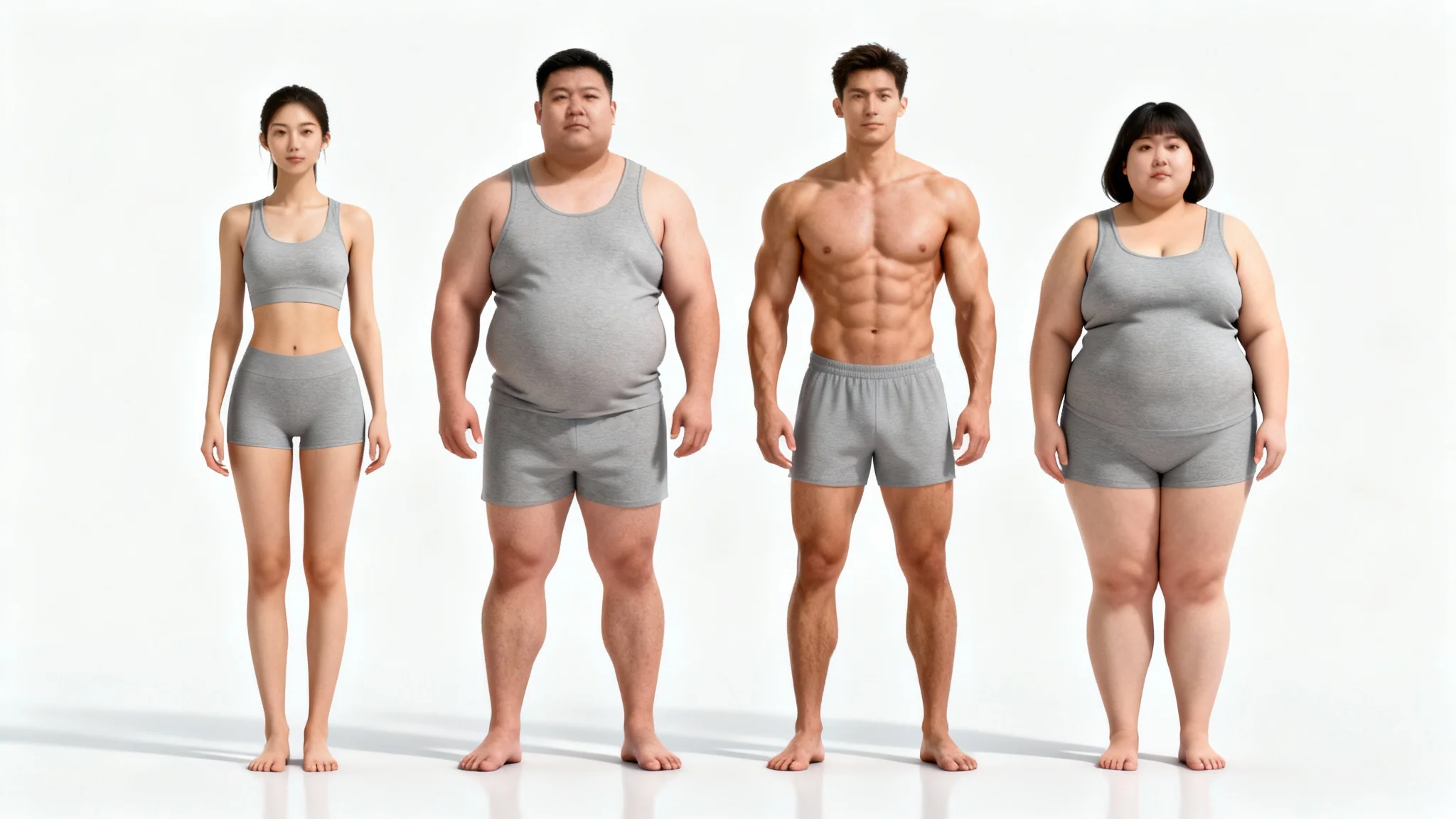 A photorealistic image showing a diverse lineup of four people with different body types, slender, heavyset, muscular, and curvy, standing against a clean white background.
