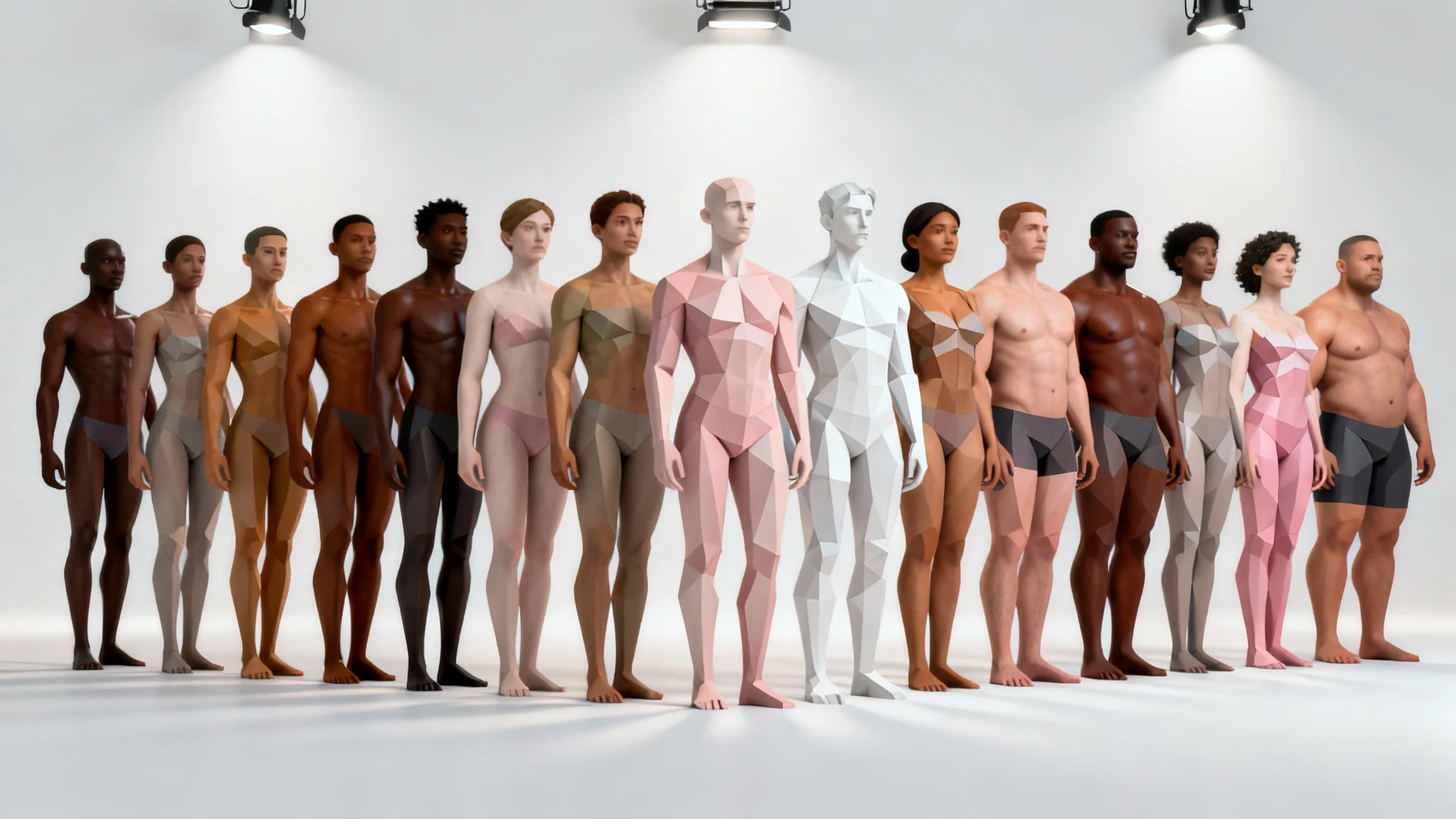 A diverse lineup of hyper-realistic 3D human models with different body types and ethnicities, standing in a row on a clean white background.