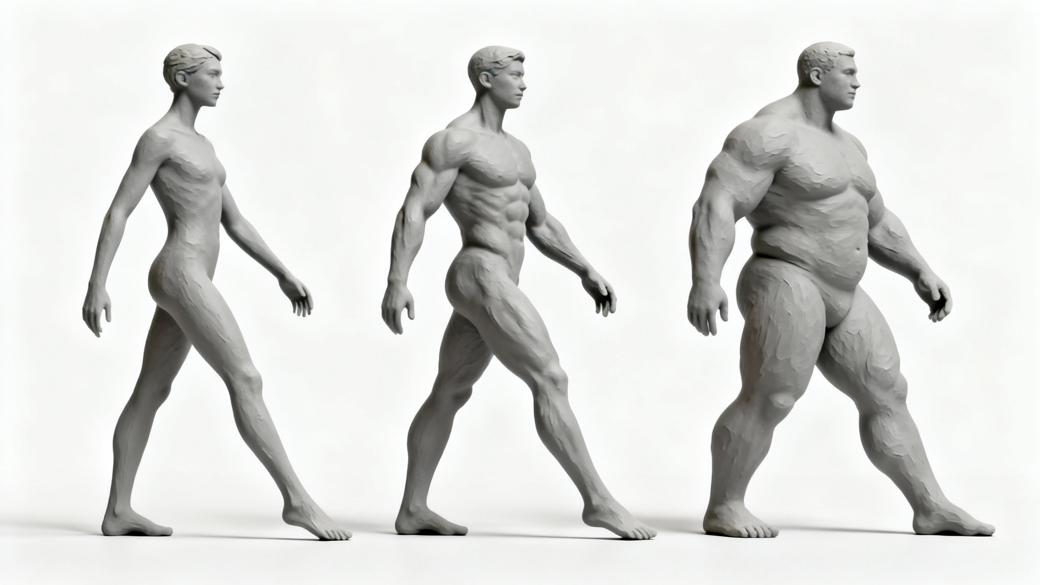 Three stylized 3D models of human figures showcasing a range of body types, slender, muscular, and robust, standing on a clean white background, 