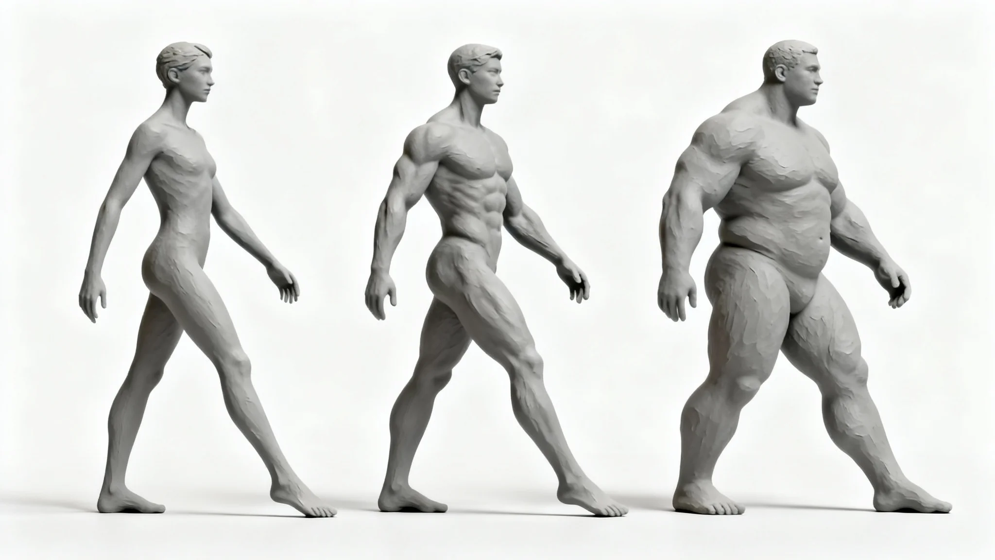 Three stylized 3D models of human figures showcasing a range of body types, slender, muscular, and robust, standing on a clean white background, 