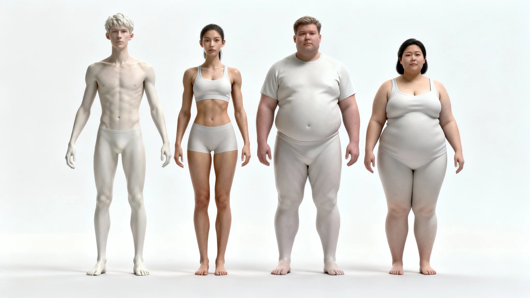 A photorealistic mockup displaying four diverse digital human models in a row, each with a different body type, against a clean white background.