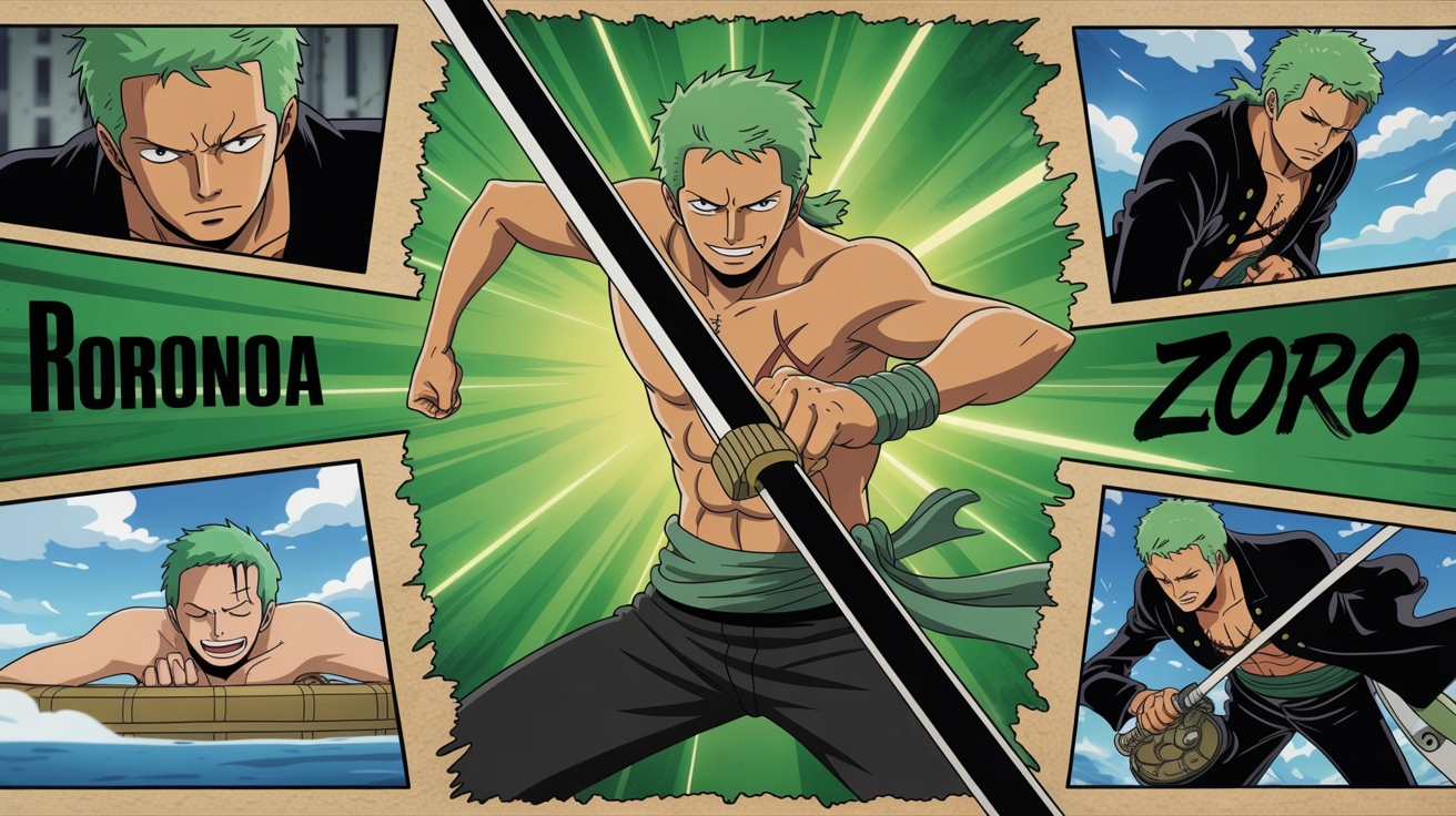 A professionally designed horizontal collage featuring Roronoa Zoro from One Piece, with a central image of him in a dynamic fighting pose surrounded by smaller images of his various moments, all in a stylish green and black theme with the text 'RORONOA ZORO'.