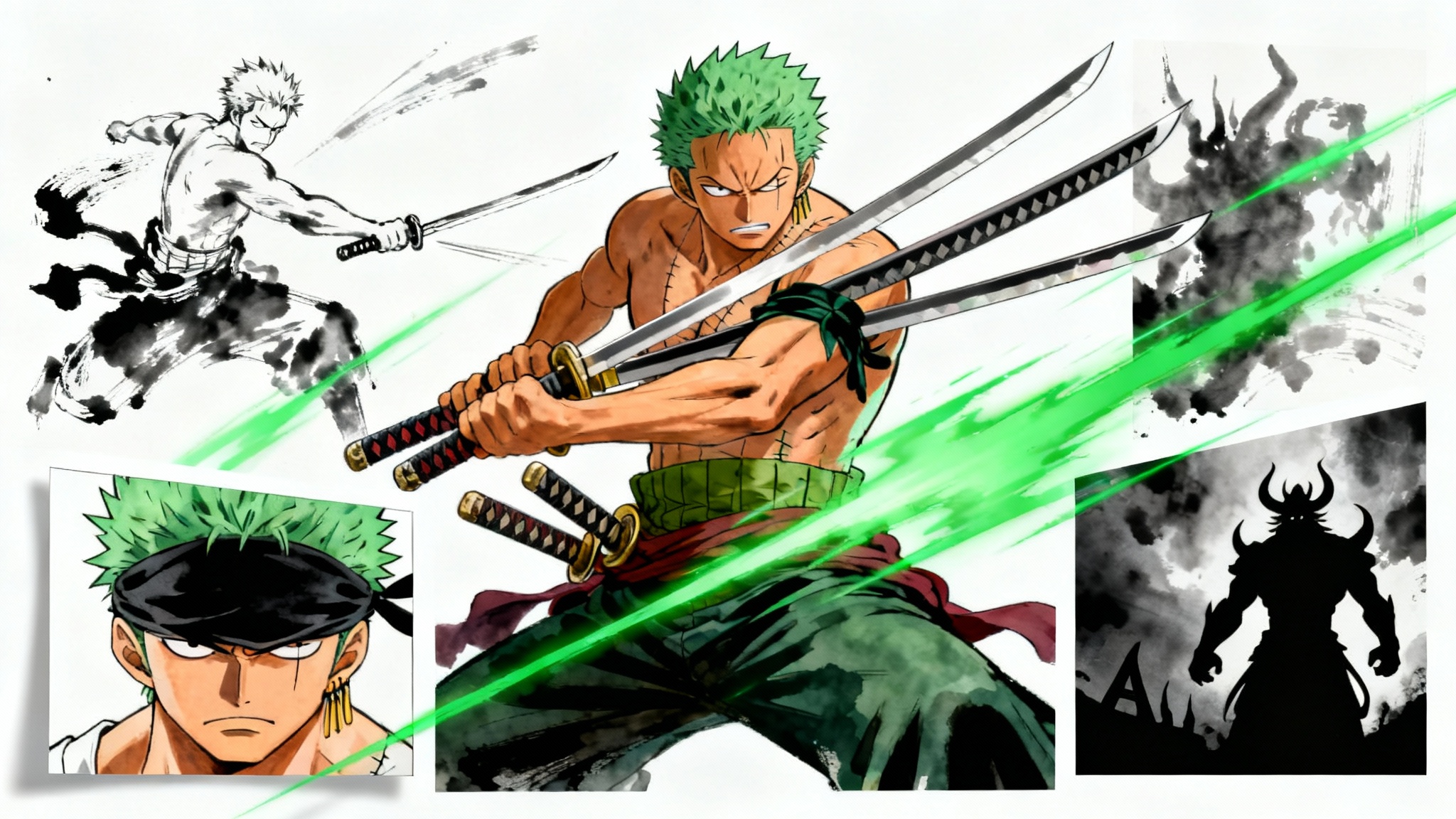 A dynamic digital collage of the anime character Roronoa Zoro from One Piece, set against a stark white background. The collage features multiple images of Zoro in various action poses and art styles, highlighting his three swords and green hair.