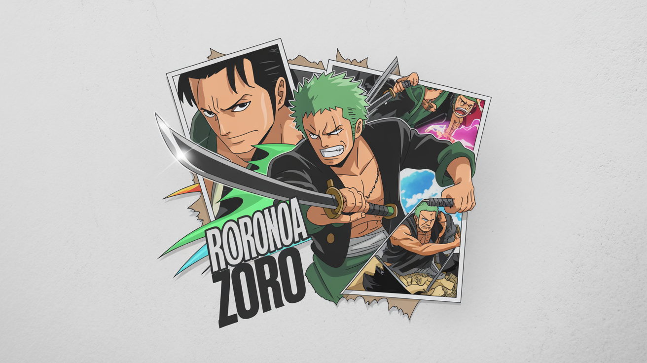 A dynamic collage of the anime character Roronoa Zoro, featuring him in various action poses with his three swords, set against a clean white background.