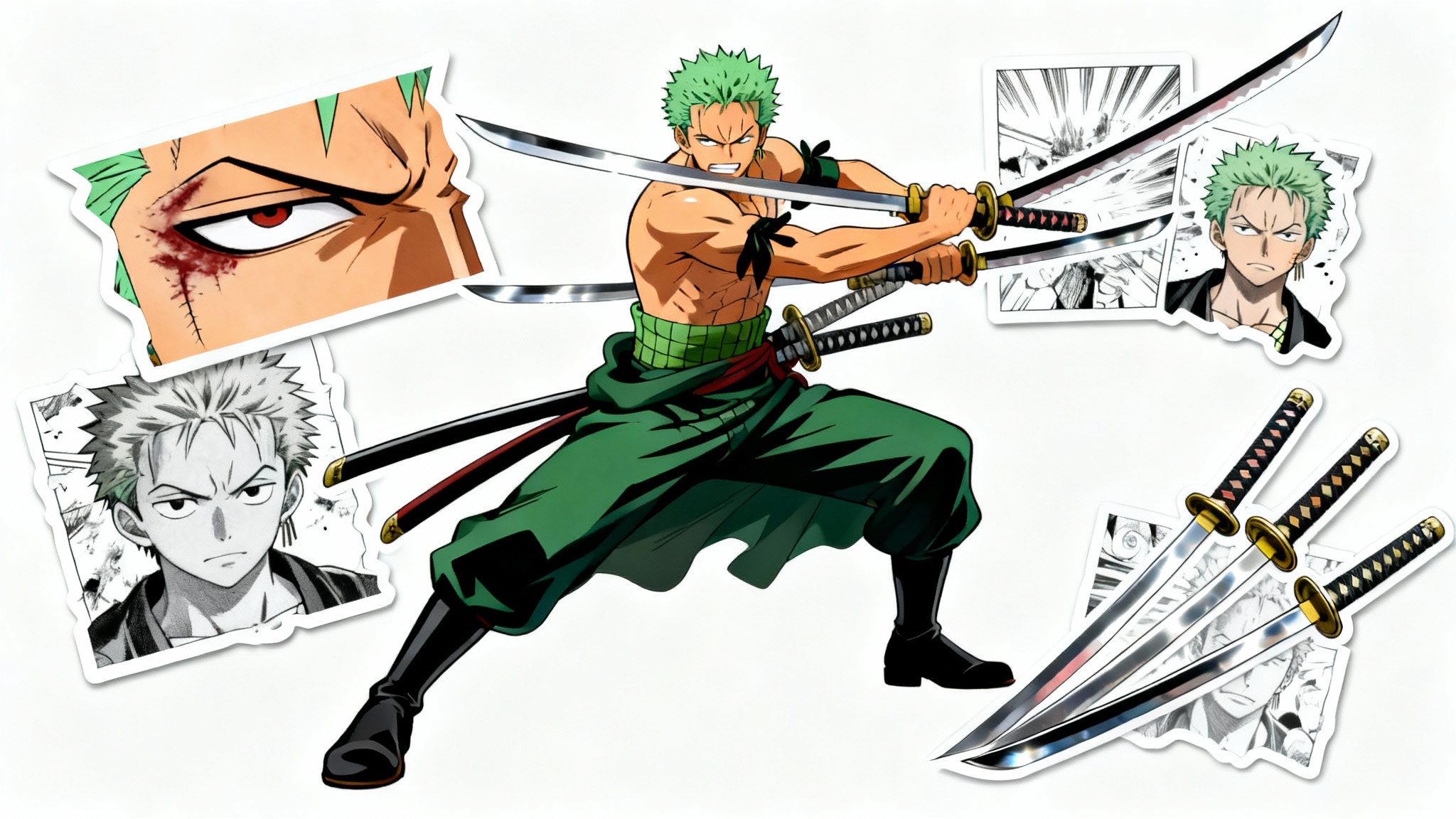 A dynamic anime collage of Roronoa Zoro from One Piece, showcasing various action poses and close-ups of his face and swords against a clean white background.