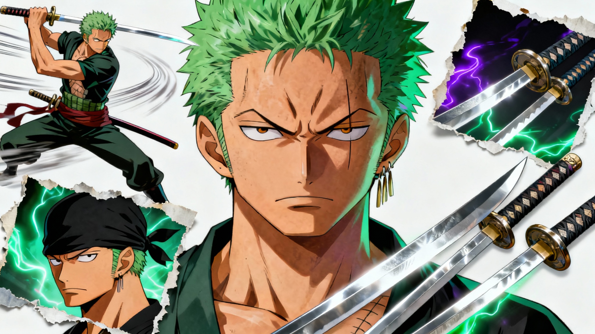 A dynamic collage of the anime character Roronoa Zoro, featuring multiple action poses and portraits of him with his three swords against a white background.