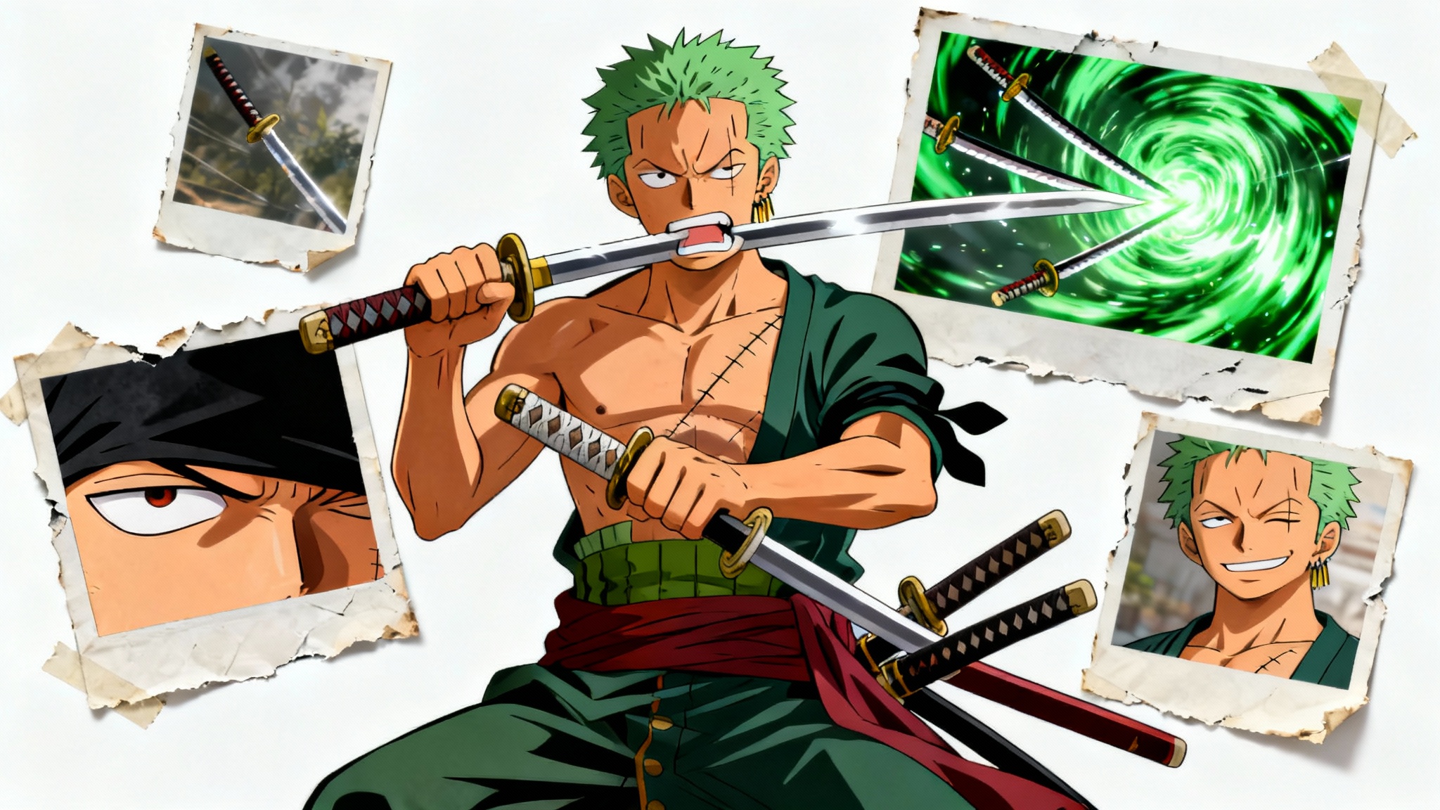 A dynamic collage celebrating the character Roronoa Zoro from One Piece, featuring multiple images of him in action poses with his three swords, set against a clean white background.