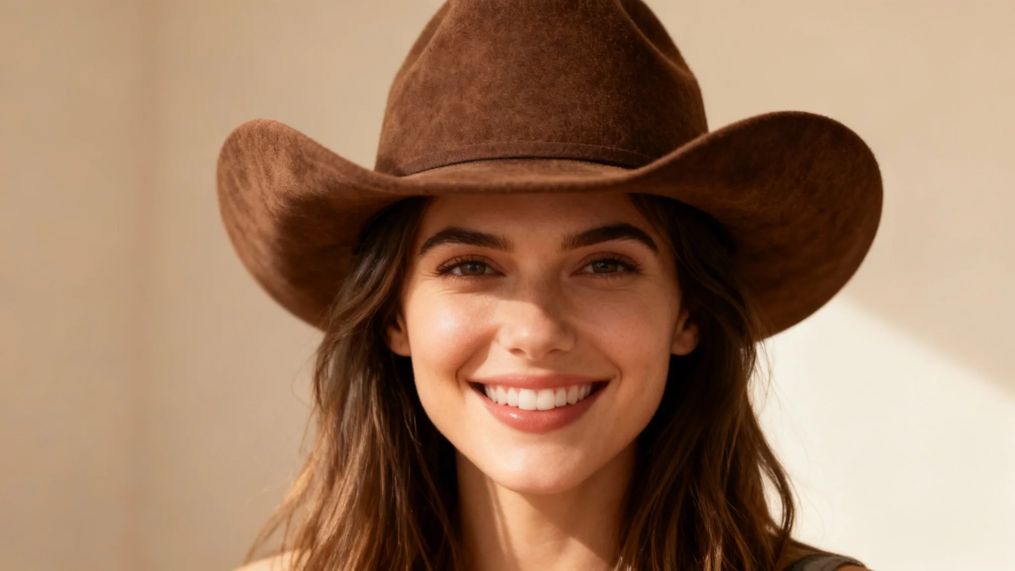 A woman smiles while modeling a brown suede cowboy hat, showcasing the result of a virtual try-on tool against a clean studio background.