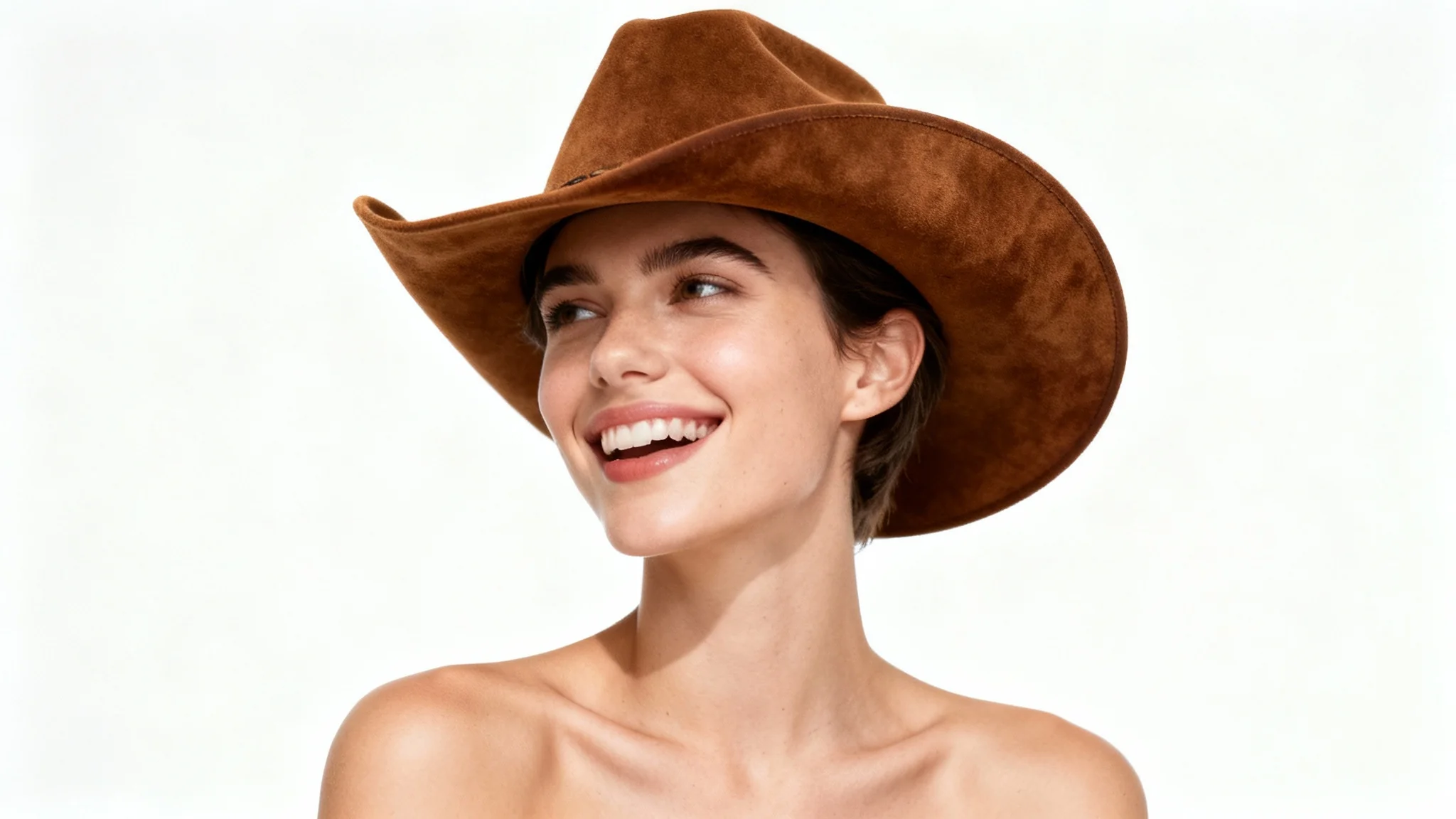 A close-up studio shot of a person smiling while wearing a classic brown suede cowboy hat against a clean white background.