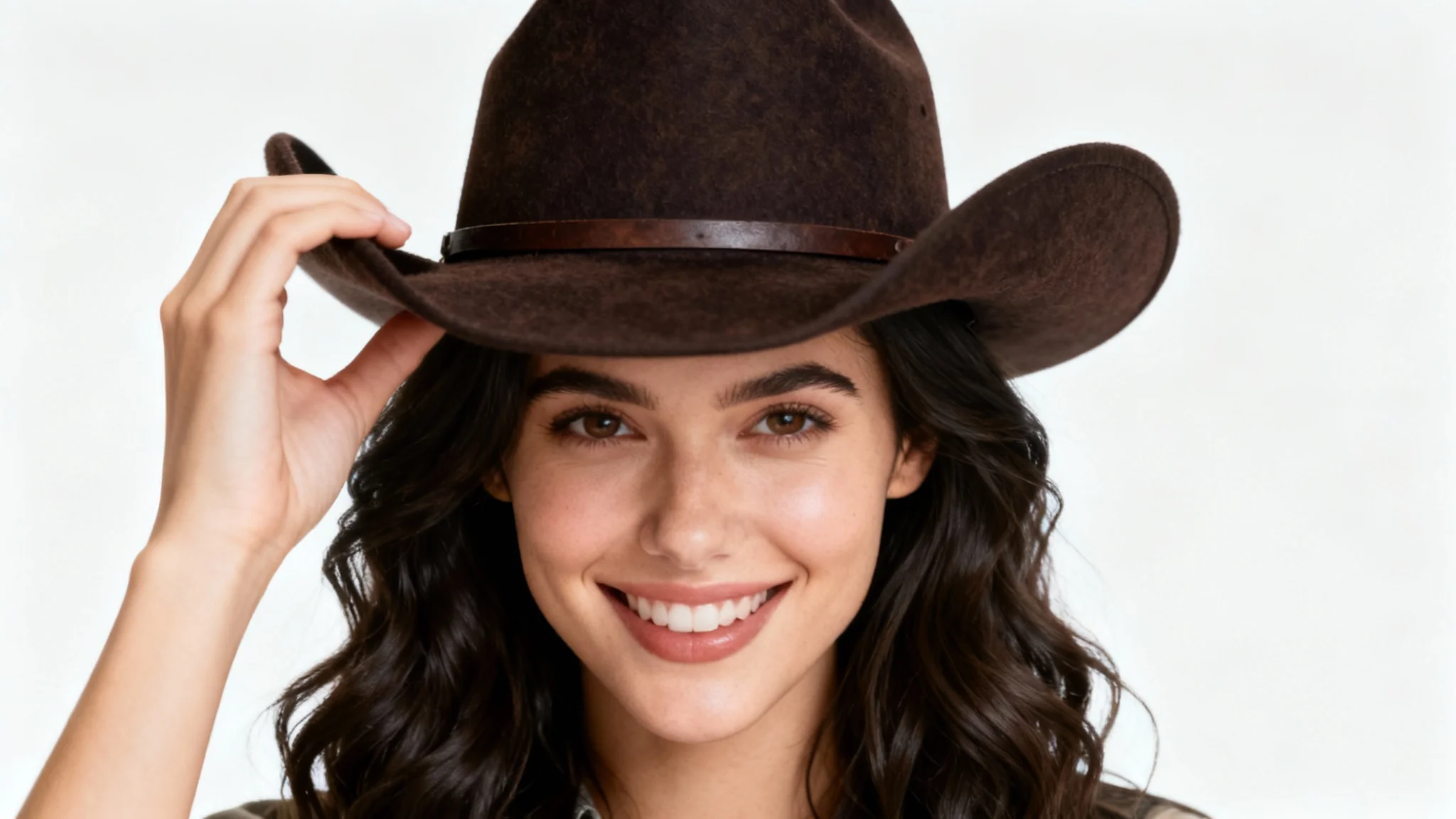 A young woman with long brown hair smiles as she tries on a dark brown cowboy hat against a clean white background.