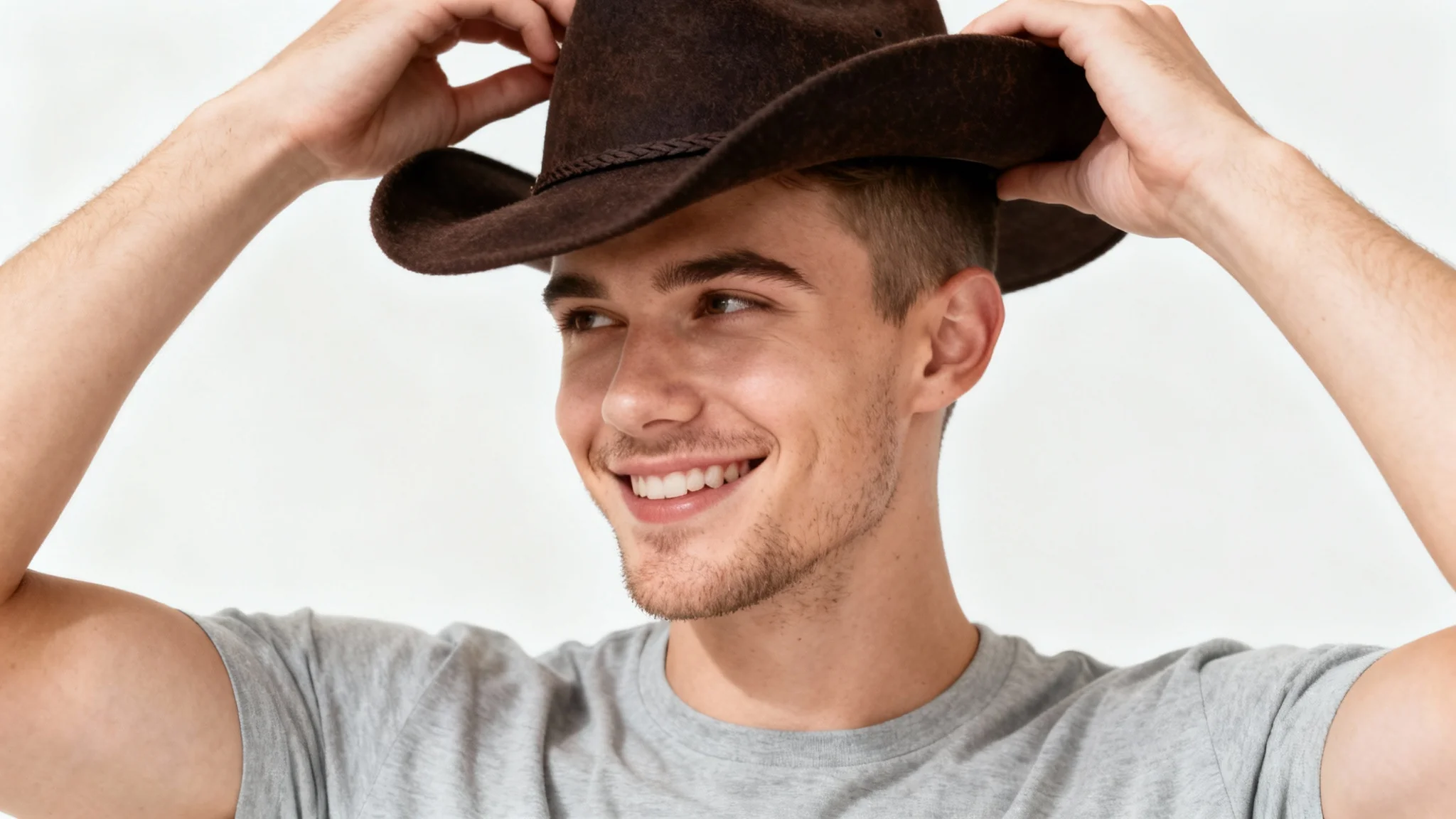 A man smiling as he tries on a classic brown cowboy hat against a clean white background, showcasing the fit and style.