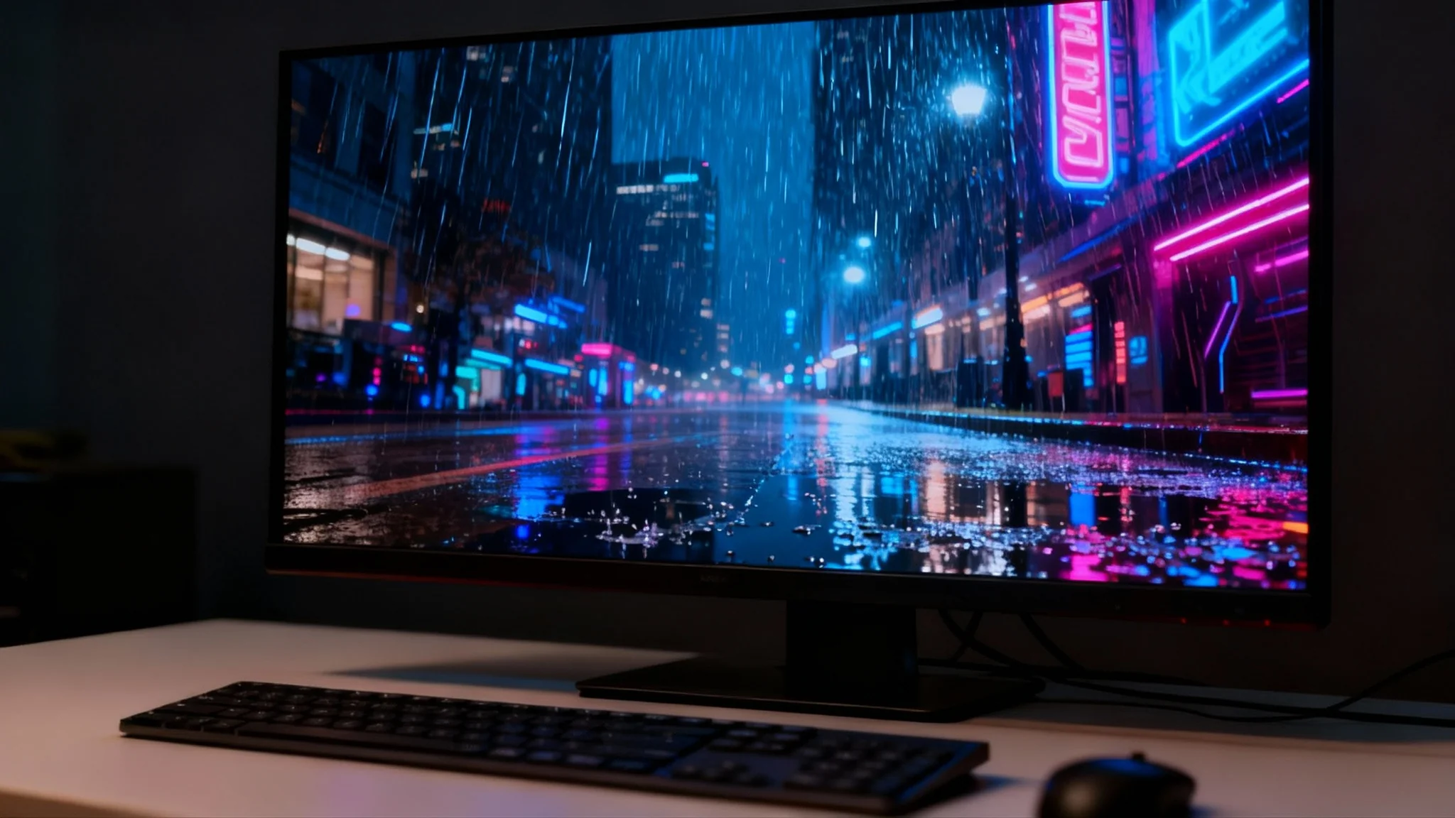 A stunning final result of a rain effect applied to a cityscape image. The photo shows a vibrant city at night during a heavy downpour, with neon lights reflecting beautifully on the wet streets and puddles.