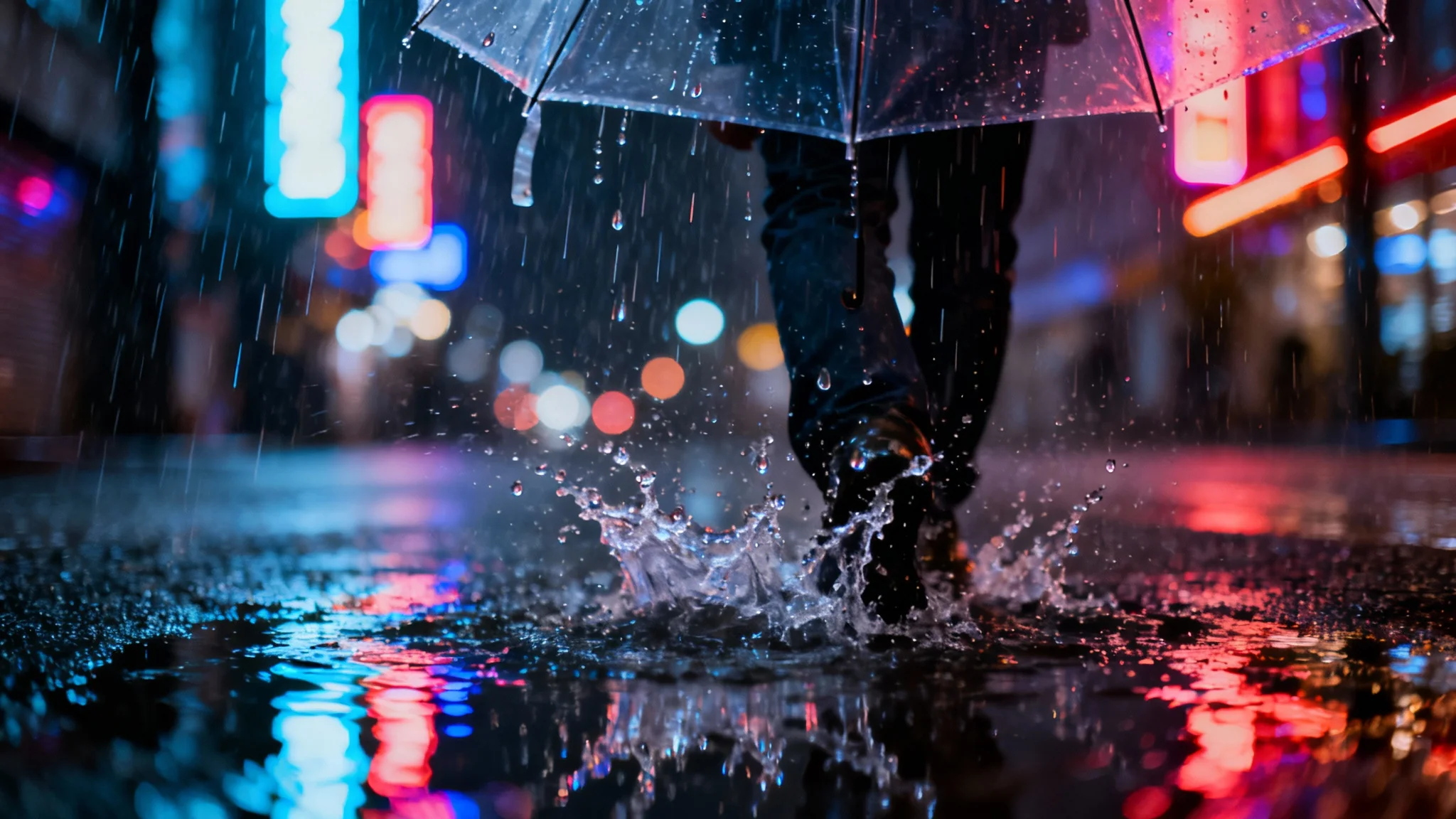 A city street at night is drenched in rain, with colorful neon lights reflecting on the wet pavement. A person holds a clear umbrella, with raindrops running down its surface.