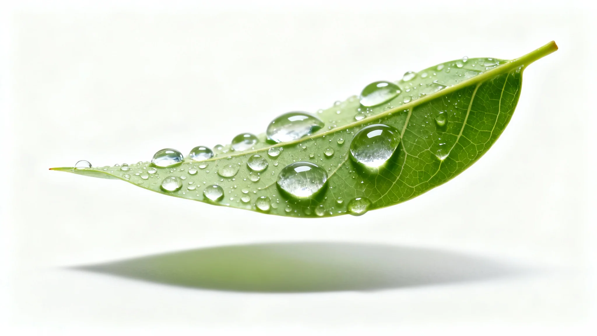 A hyperrealistic photo of a single green leaf covered in detailed raindrops, set against a clean white background to showcase a rain effect.
