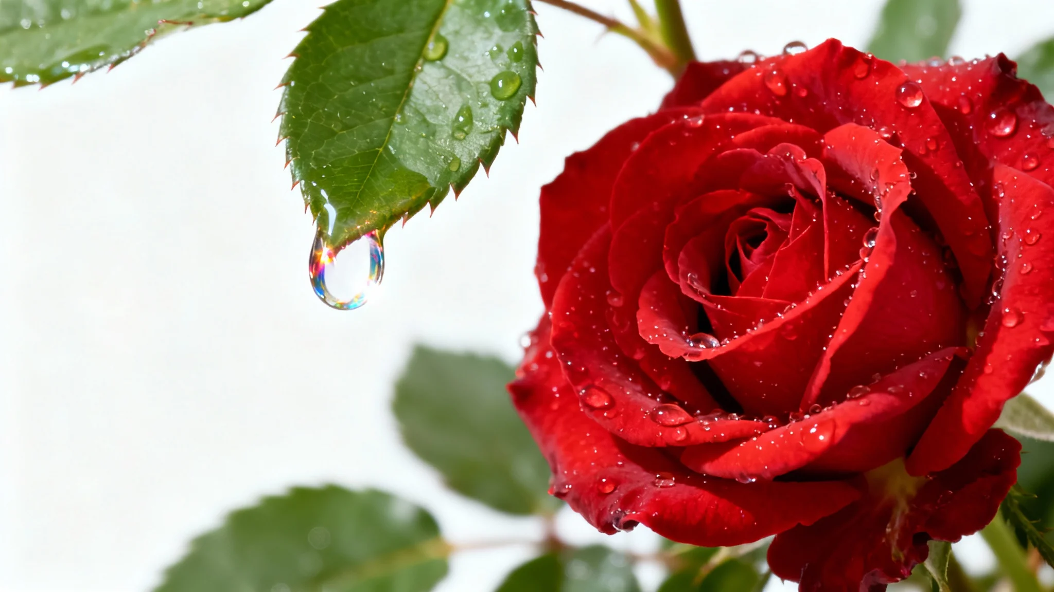A photorealistic close-up of a red rose covered in glistening raindrops, demonstrating a realistic rain effect on a subject, isolated on a white background.