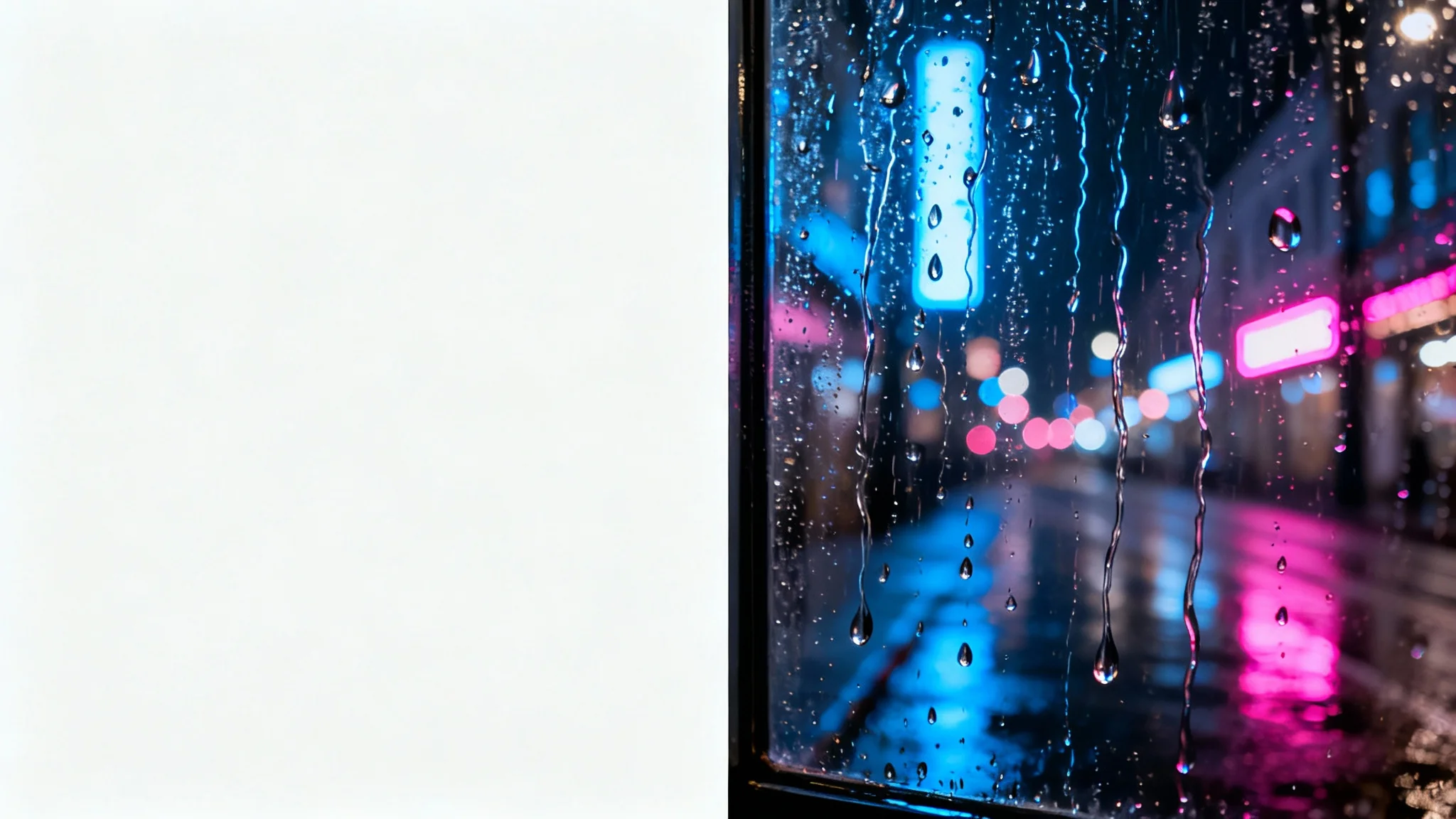 A realistic image showing a rain effect on a window, with detailed raindrops in focus and a blurry city street with neon lights visible in the background.