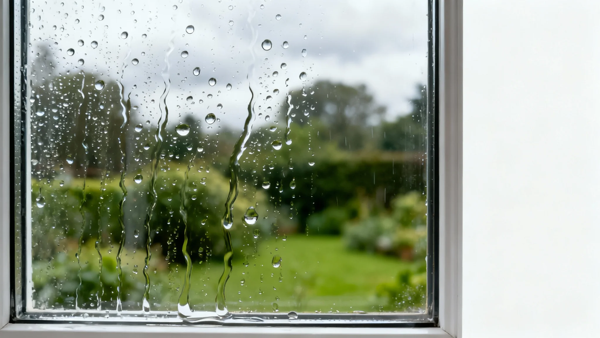 A close-up, photorealistic image of raindrops and water streaks running down a clear window pane, with a softly blurred green garden visible in the background, all set against a white background to showcase a realistic rain effect.