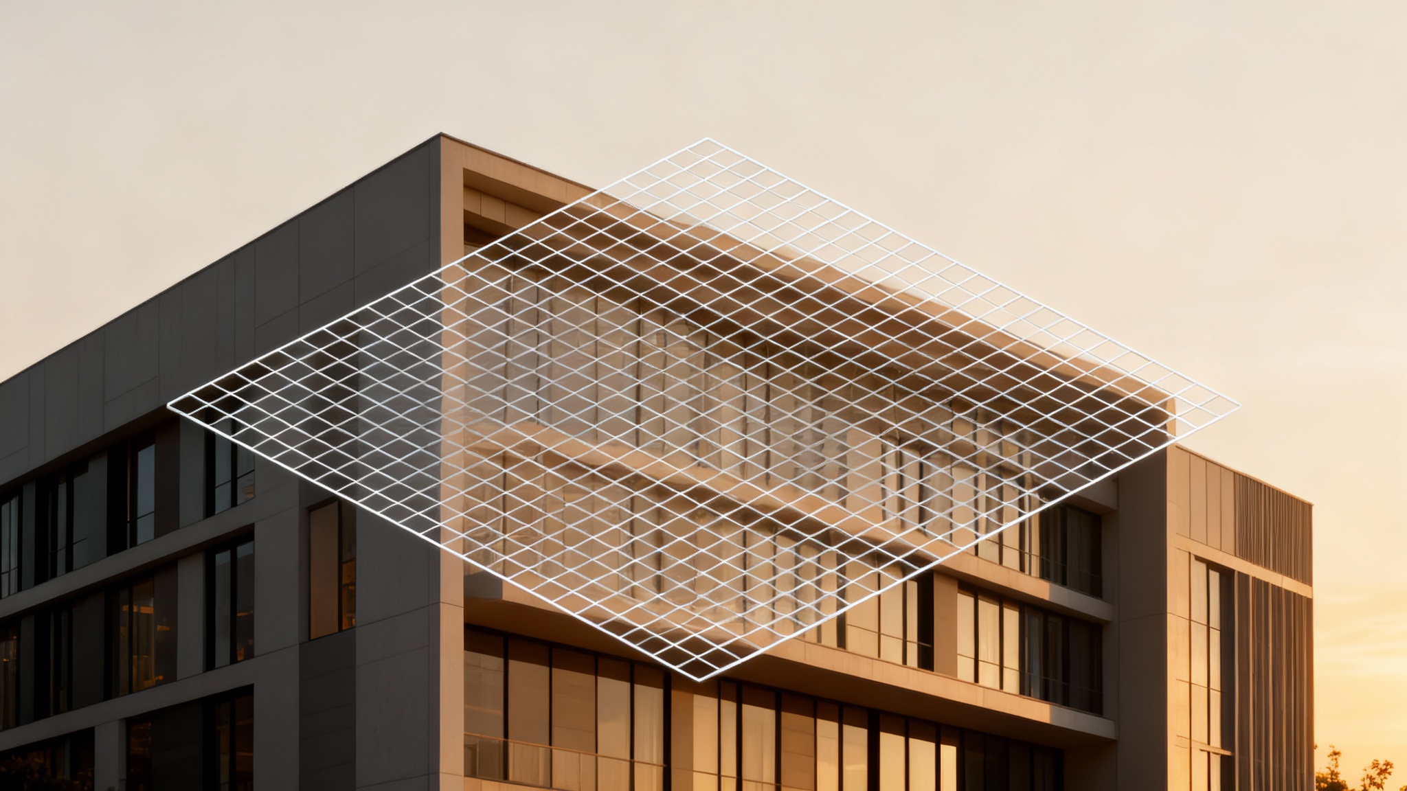 A professional architectural photo of a modern building with a precise grid overlay, demonstrating a design tool's final result.
